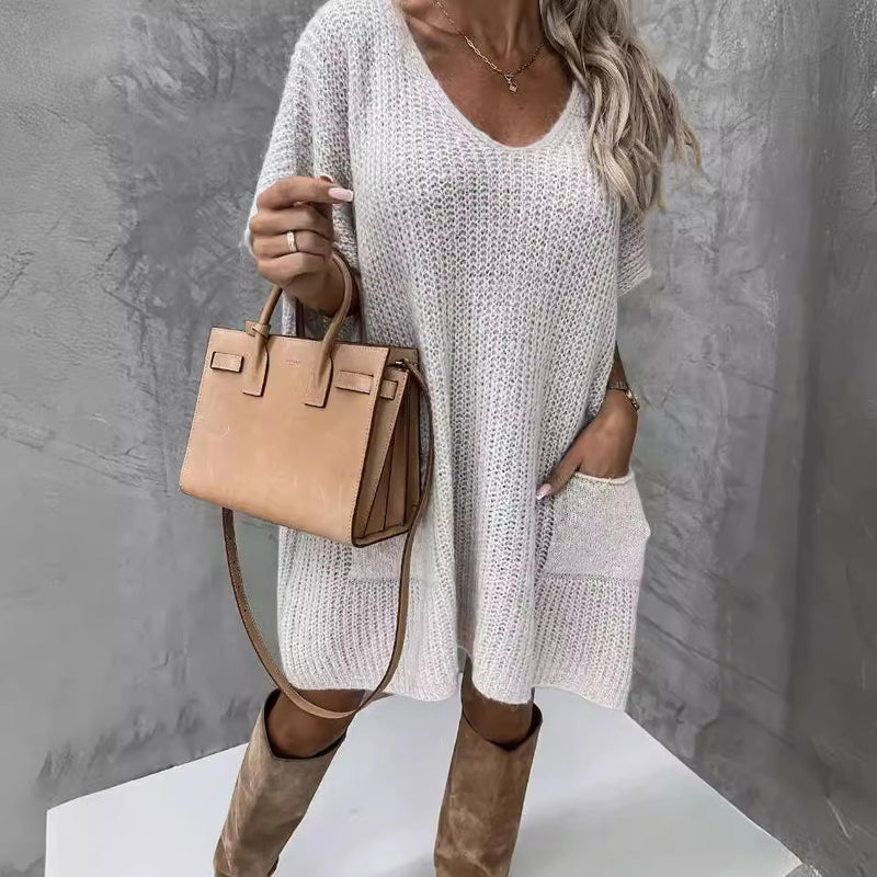 Loose Large Size Pocket Solid Color V-neck Long Sleeve