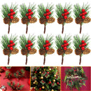 10Pcs Christmas Artificial Pine Picks Christmas Simulation Pine Needle Fake Mini Berries Pinecones For DIY Garland Flower Arrangements Holiday Wreaths Wedding Garden Xmas Tree Decorations