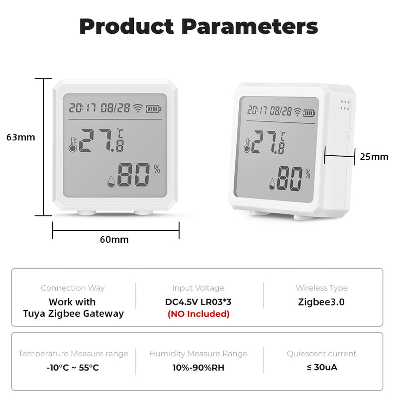 Zigbee Temperature Humidity Sensor with Tuya APP LCD Screen Digital Display Wireless Thermometer Work with Black or White Color