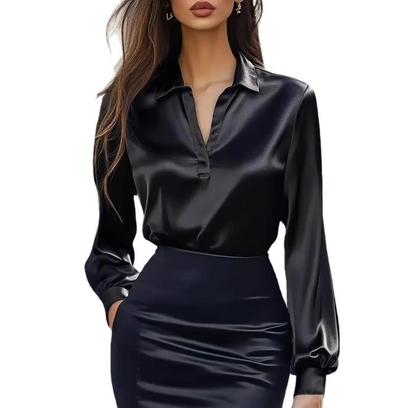 Autumn Fashion Commuting Satin V-neck Long-sleeved Shirt