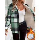 Women's Plaid Fleece Lined Hooded Jacket Button Front Long Sleeve Coat With Pocket For Autumn & Winter
