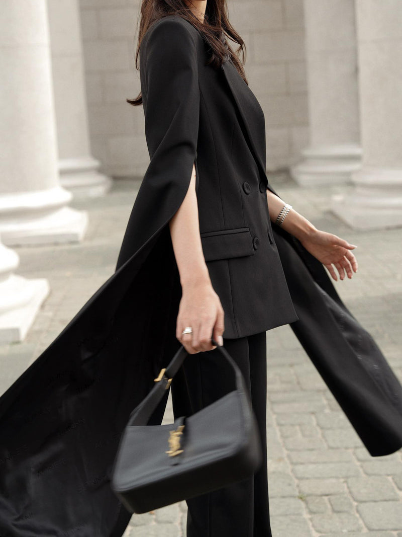 Black Cape Blazer Suit With Cropped Pants Set