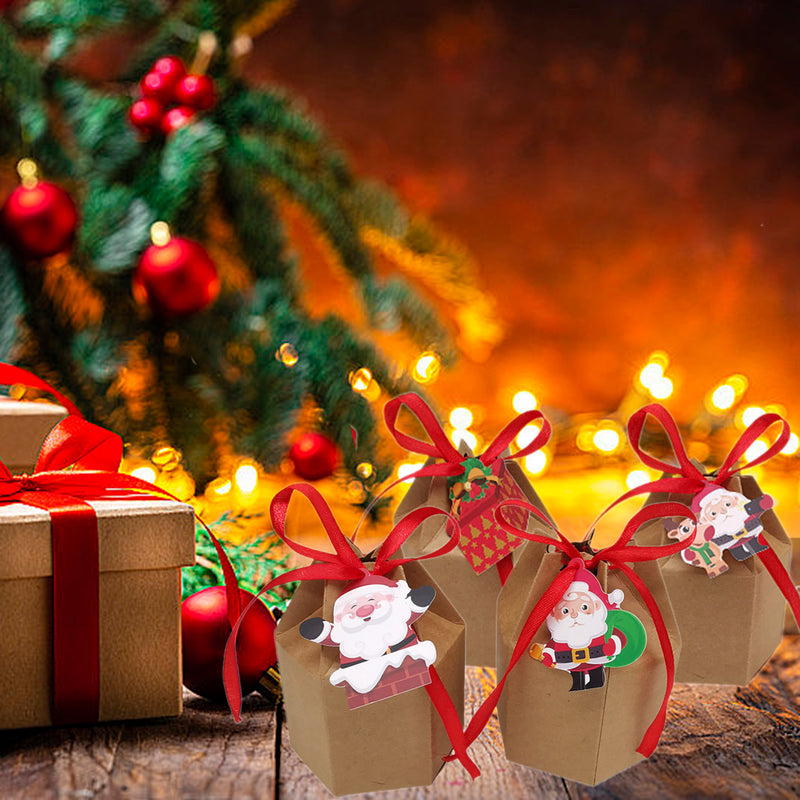 24 Pcs Christmas Treat Boxes With Cards And Ribbon Xmas Tree Santa Kraft Paper Cookies Candy Boxes Food Packaging Containers Gift Wrapping Box For Christmas Birthday Wedding Party Decoration