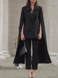Black Cape Blazer Suit With Cropped Pants Set