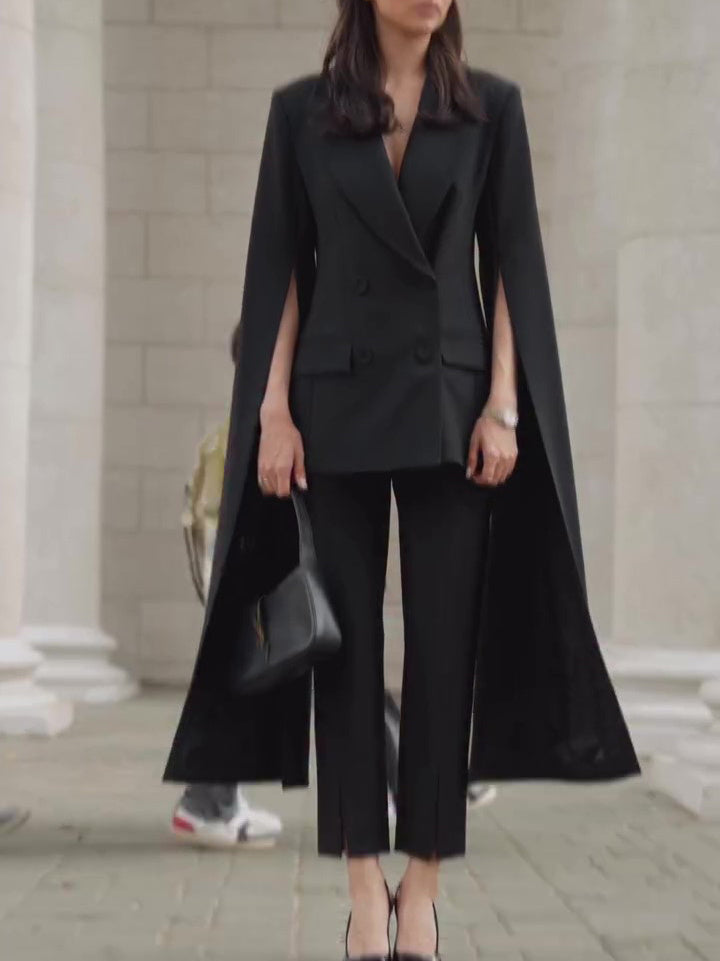 Black Cape Blazer Suit With Cropped Pants Set