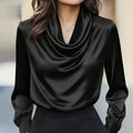 Women's Elegant Draped Neck Blouse, Solid Color Ruffle Detail Long Sleeve Shirt For Office And Formal Wear