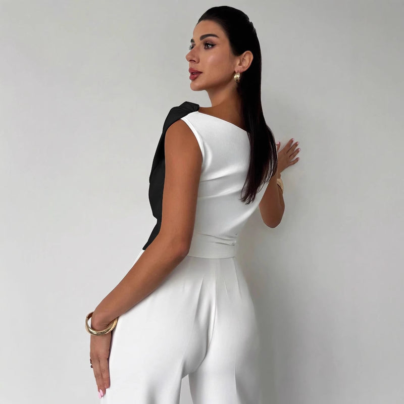 Color-blocked Asymmetric Shoulder Ruffled Hem Slim-fit Versatile Elegant Commuter Top