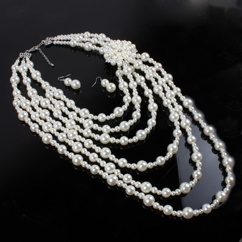 European And American Retro Spot Wholesale Fashion Necklace Exaggerated Alloy Diamond Inlaid Pearl Flower Sweater Chain 7450