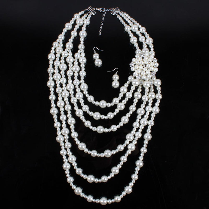 European And American Retro Spot Wholesale Fashion Necklace Exaggerated Alloy Diamond Inlaid Pearl Flower Sweater Chain 7450