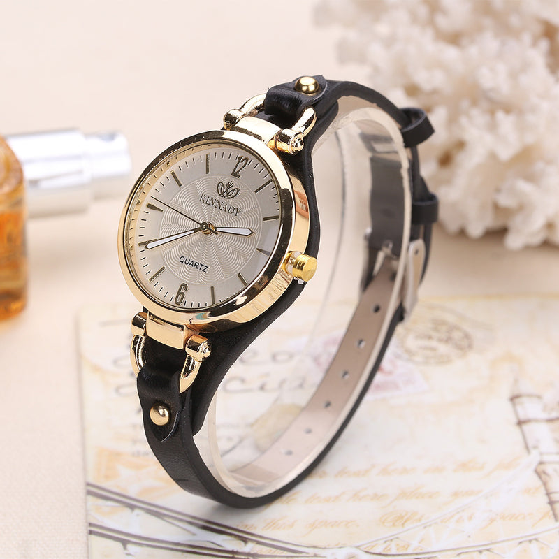 Quartz Watch Ladies Leather Fine Strap Solid Color Fashion Women&