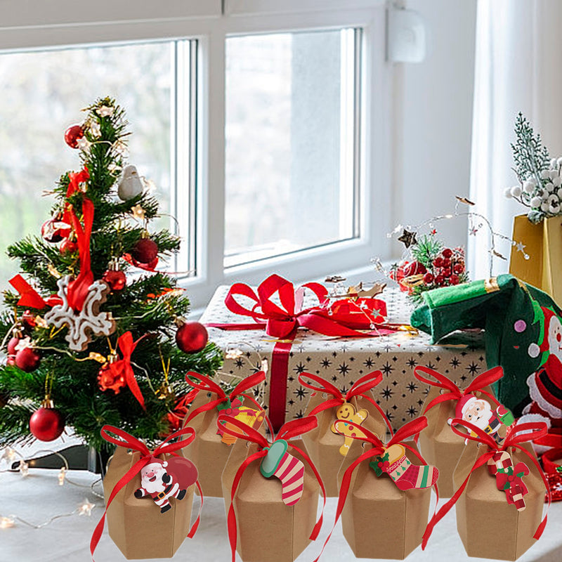 24 Pcs Christmas Treat Boxes With Cards And Ribbon Xmas Tree Santa Kraft Paper Cookies Candy Boxes Food Packaging Containers Gift Wrapping Box For Christmas Birthday Wedding Party Decoration