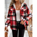 Women's Plaid Fleece Lined Hooded Jacket Button Front Long Sleeve Coat With Pocket For Autumn & Winter