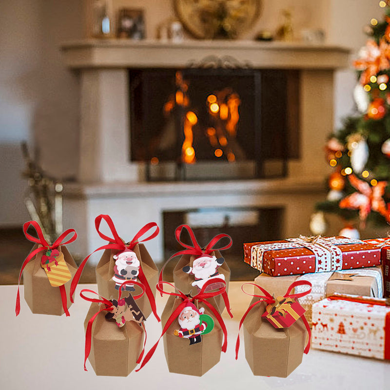 24 Pcs Christmas Treat Boxes With Cards And Ribbon Xmas Tree Santa Kraft Paper Cookies Candy Boxes Food Packaging Containers Gift Wrapping Box For Christmas Birthday Wedding Party Decoration