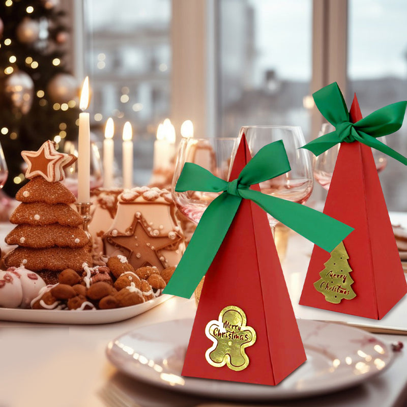 20 Packs Christmas Treat Boxes Goody Boxes Pre-Assembled Triangle Christmas Packing Box Christmas Tree Socks Gold Card Xtmas Cookie Gift Box For Christmas Birthday Wedding Party