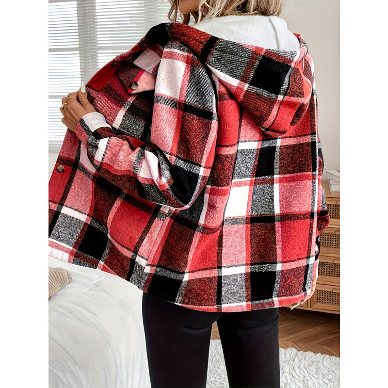 Women's Plaid Fleece Lined Hooded Jacket Button Front Long Sleeve Coat With Pocket For Autumn & Winter