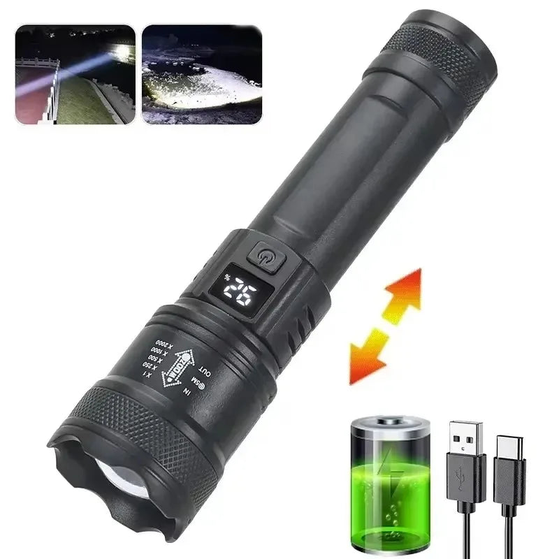 Tactical LED Flashlight 2000LM USB Rechargeable Waterproof Grade Zoom Torch Bright Portable Emergency Light for Camping Outdoor