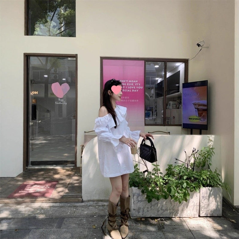 French Romantic Style Off-shoulder Ruffle Dress For Women