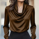 Women's Elegant Draped Neck Blouse, Solid Color Ruffle Detail Long Sleeve Shirt For Office And Formal Wear