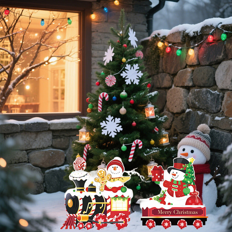 4 Pack Christmas Yard Signs With Plastic Stakes Xmas Train Snowman Christmas Tree Gift Lawn Signs For Yard Fence Garden Lawn Xmas Holiday Outside Decoration Supplies