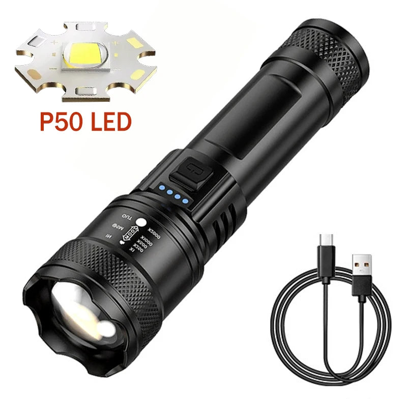High Strong Power Led Flashlights 2000LM Tactical Torch with Display Light USB Charging Camping Fishing Emergency Zoom Lantern