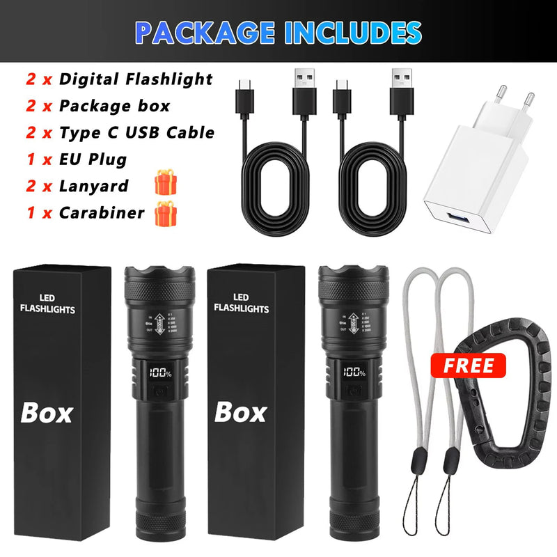 High Strong Power Led Flashlights 2000LM Tactical Torch with Display Light USB Charging Camping Fishing Emergency Zoom Lantern