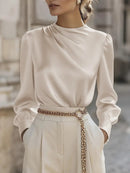 Simple Commuting Temperament Pleated High-neck Lantern Sleeve Blouse For Women