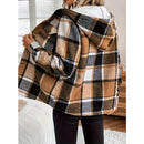 Women's Plaid Fleece Lined Hooded Jacket Button Front Long Sleeve Coat With Pocket For Autumn & Winter