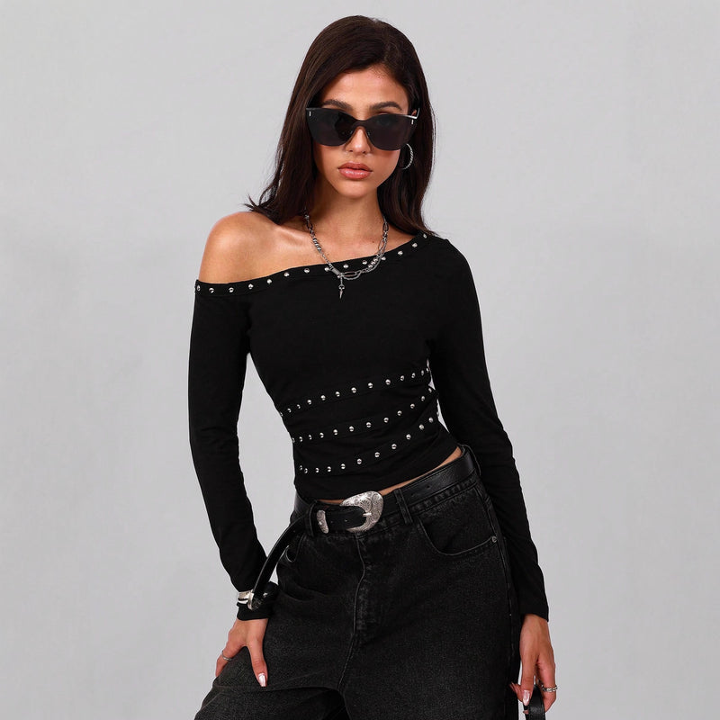 Oblique Shoulder Collar Metal Ribbon Nail Decoration Slim-fit T-shirt