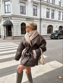 Autumn And Winter New American Street Fashion Style Elegant Contrast Color Design Imitation Leather Jacket Warm Lace-up Mid-length Cotton-padded Coat