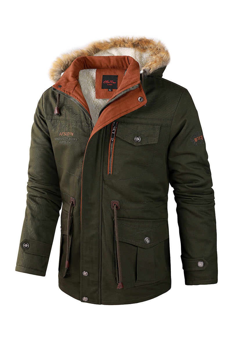 Plus Fleece Cotton Jacket Mid-length Casual Jacket With Detachable Hood Jacket Men&
