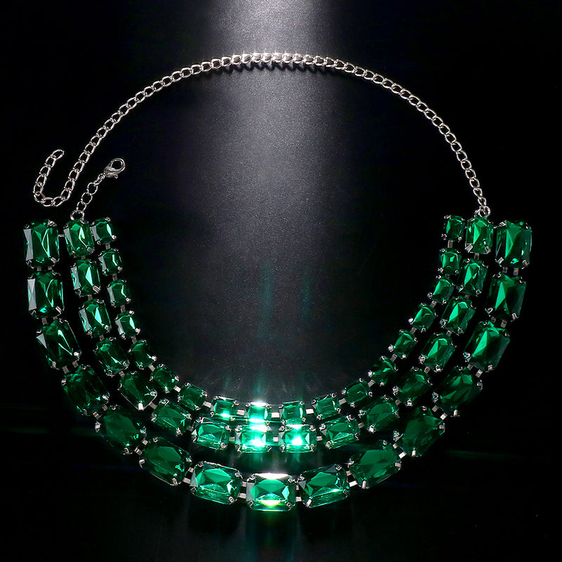 Cross-Border Hot-Selling Colorful Multi-Layered Square Diamond Necklace, Personalized And Versatile European And American Style Exaggerated Full-Diamond Clavicle Chain Necklace