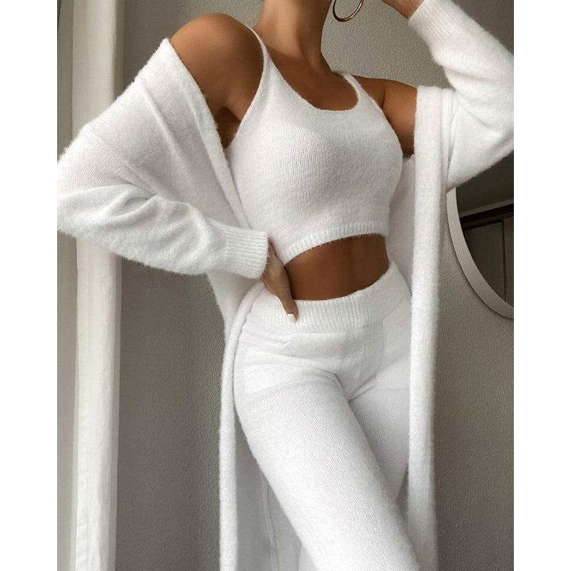 New Sexy V Neck Plush Short Vest Pants Three-piece Suit For Women