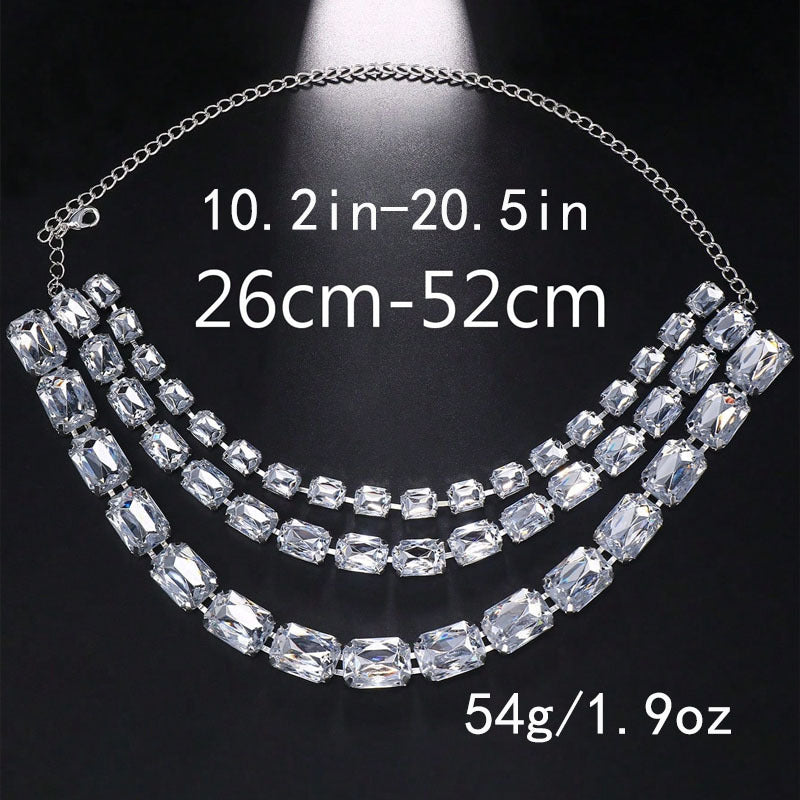Cross-Border Hot-Selling Colorful Multi-Layered Square Diamond Necklace, Personalized And Versatile European And American Style Exaggerated Full-Diamond Clavicle Chain Necklace