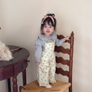 Baby Girl&#039;s Cotton Suspender Pants Women&#039;s Twill Blue Floral Wide Leg Sling Trousers