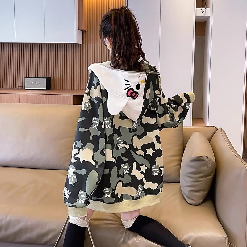 American Cute Ears Hello Kitty Full Cartoon Hooded Sweatshirt Jacket Autumn 2025 New Couple Zipper Cardigan