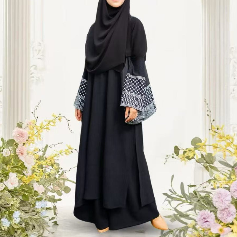 In Stock 2025 New Three-Piece Set Muslim Southeast Asian Solid Color Cotton Linen Wrinkle Fashionable Loose Plus Size Robe