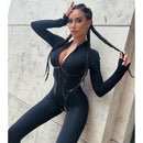 Hot Girl Fashion Sports Leather American Style Split Line Long Sleeve Zipper Slim-Fit Hip Jumpsuit
