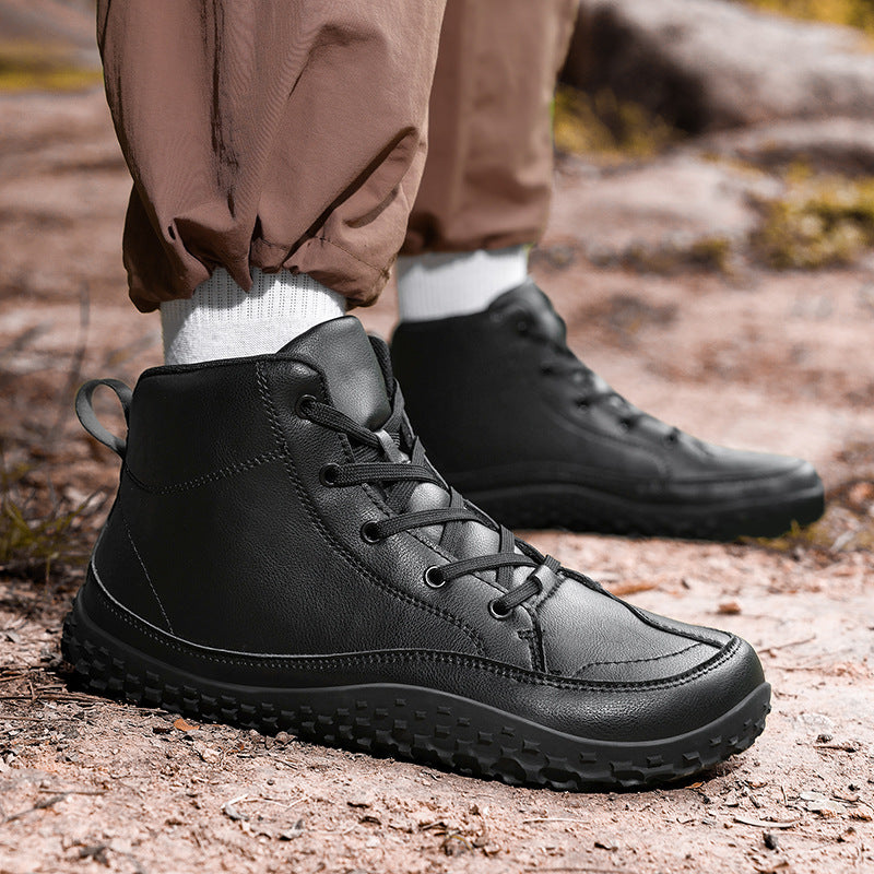 Cross-border High-top Wide-head Barefoot Shoes For Couples Autumn And Winter Leather Wide-palm Sports Shoes For Men And Women Outdoor Non-slip Hiking Shoes