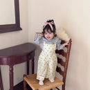 Baby Girl&#039;s Cotton Suspender Pants Women&#039;s Twill Blue Floral Wide Leg Sling Trousers