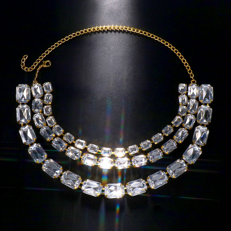 Cross-Border Hot-Selling Colorful Multi-Layered Square Diamond Necklace, Personalized And Versatile European And American Style Exaggerated Full-Diamond Clavicle Chain Necklace