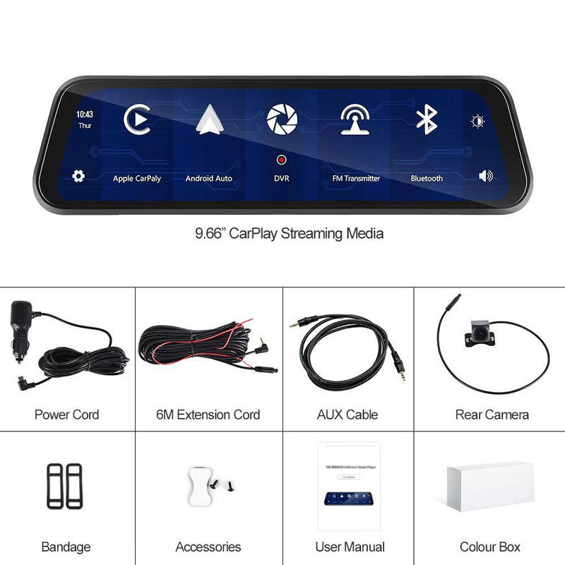 9.66-inch 1080p Rearview Mirror Streaming Media Driving Recorder Wireless Projection Screen Android AUTO Apple CARPLAY
