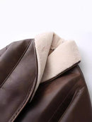 Autumn And Winter New American Street Fashion Style Elegant Contrast Color Design Imitation Leather Jacket Warm Lace-up Mid-length Cotton-padded Coat