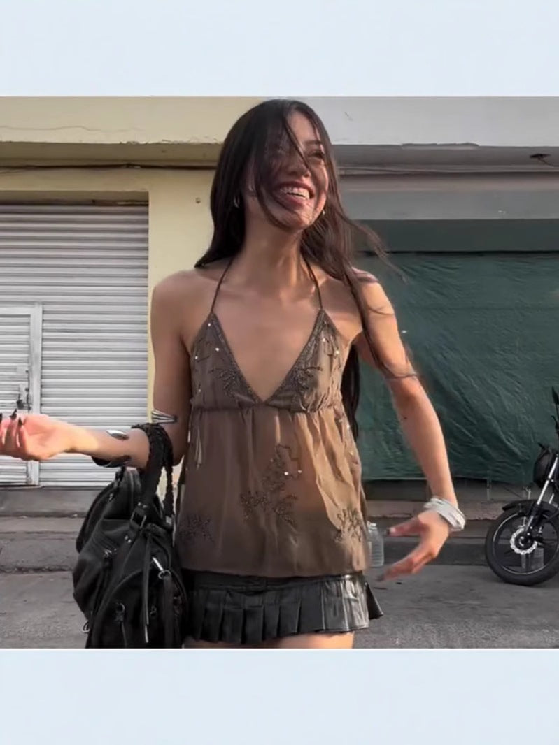 Solid Color Beaded Lace-Up Short V Neck Halter Top Simple Sexy Style 2025 Cross-Border European And American Summer New Style