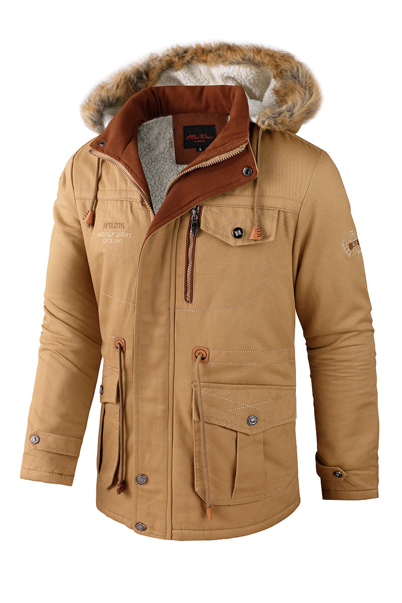 Plus Fleece Cotton Jacket Mid-length Casual Jacket With Detachable Hood Jacket Men&