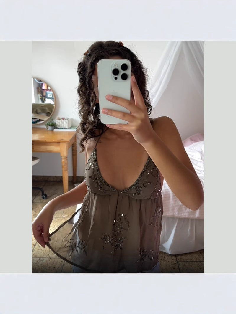 Solid Color Beaded Lace-Up Short V Neck Halter Top Simple Sexy Style 2025 Cross-Border European And American Summer New Style