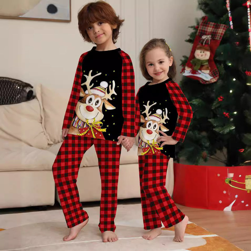 Cartoon Deer Plaid Christmas Family Clothing Printed Home Clothes Pajamas