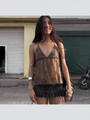 Solid Color Beaded Lace-Up Short V Neck Halter Top Simple Sexy Style 2025 Cross-Border European And American Summer New Style