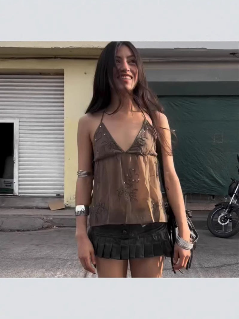 Solid Color Beaded Lace-Up Short V Neck Halter Top Simple Sexy Style 2025 Cross-Border European And American Summer New Style