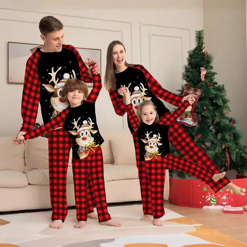 Cartoon Deer Plaid Christmas Family Clothing Printed Home Clothes Pajamas