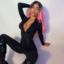 Hot Girl Fashion Sports Leather American Style Split Line Long Sleeve Zipper Slim-Fit Hip Jumpsuit
